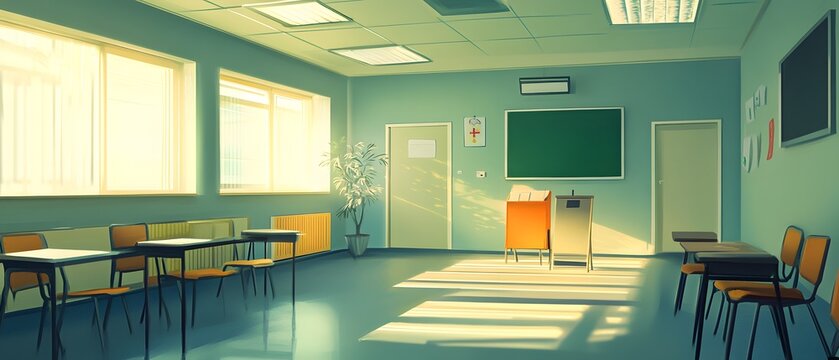 A bright and spacious classroom setting, featuring wooden desks and chairs, large windows allowing natural light, and a green chalkboard. Ideal for education-related themes.