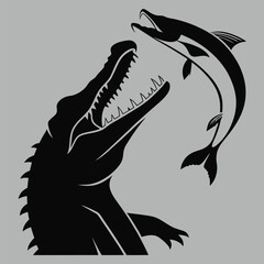 crocodile hunting fish silhouette vector design art and illustration