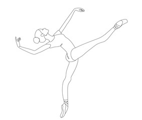 Vector illustration depicts a ballerina in dynamic pose,  standing on pointe. It emphasizes elegance, balance, and the fluidity of classical ballet.