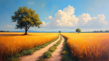 Naklejka premium Rural path golden wheat fields sunny sky.