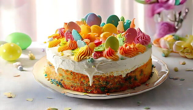 Colorful and delicious Birthday cake with icing and decorations on a white tablecloth