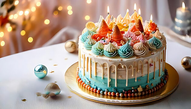 Colorful and delicious Birthday cake with icing and decorations on a white tablecloth