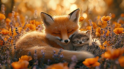 Obraz premium A baby fox hugs its mother amidst a sea of wildflowers