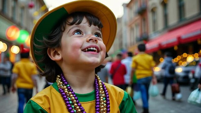 A young child in Mardi Gras colors watches the parade with excitement. Festive decor, balloons, and a vibrant celebration bring joy. Perfect festive video.