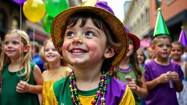 A young child in Mardi Gras colors watches the parade with excitement. Festive decor, balloons, and a vibrant celebration bring joy. Perfect festive video.