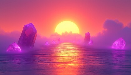 Glowing Crystals at Sunset Over a Calm Sea