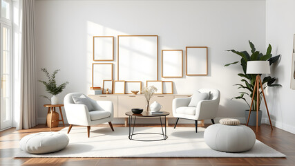 Fototapeta premium Minimalist composition of elegant living room space with white boucle armchair, photos mock up frames, carpet, coffee table, lamp, decoration and personal accessories. Copy space. Generative AI