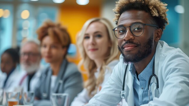 A diverse team of medical professionals sit attentively during a conference, representing various fields and specialties within the healthcare industry