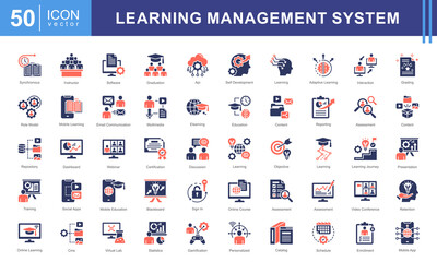 Learning management System icon collection set. Containing blended, virtual classroom, courseware, gamification, assessment, synchronous, course catalog icon. Simple vectors illustration.