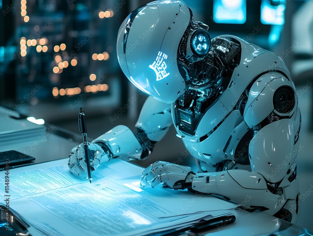 Poster a futuristic robot with sleek design is intently writing on a document in a high-tech environment, s