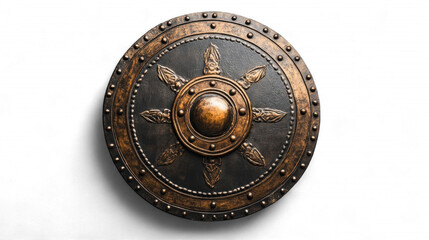 Medieval Battle Shield Display Museum Exhibit Metalwork Art Studio Setting Close-Up View