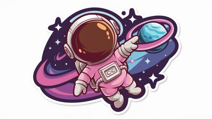 A cute cartoon astronaut with a pink spacesuit pointing. The astronaut is floating in space. 
Generative AI