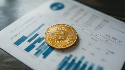 A Gold Coin Placed on Top of a Financial Report with Bar and Line Charts, Symbolizing Wealth Accumulation and Market Analysis
