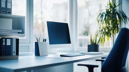 Fototapeta premium Modern minimalist office with white and deep blue accents. Featuring a clean, bright design with minimal decoration