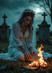 Fototapeta premium Enigmatic woman in a white dress, sitting by a fire and reading a book in a graveyard under a full moon.