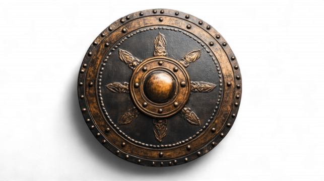 Medieval Battle Shield Display Museum Exhibit Metalwork Art Studio Setting Close-Up View