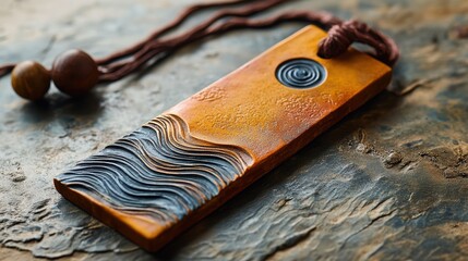A beautifully crafted wooden bookmark featuring intricate wave patterns and earthy tones, lying on a textured surface with a corded end and decorative beads
