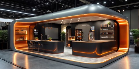 A modern and sleek exhibition booth with innovative design elements, featuring smooth curves and vibrant orange lighting, providing an inviting atmosphere for visitors