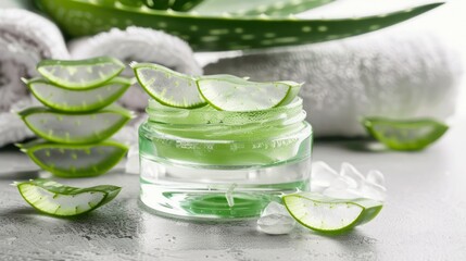Refreshing aloe vera gel jar surrounded by aloe slices and spa elements for natural skincare concept.