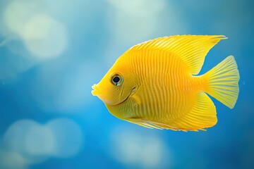 Naklejka premium Small yellow tang fish Zebrasoma flavescens in a blue aquarium showcases the elegance of marine life also called lemon sailfin