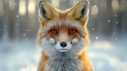 Fototapeta premium Red fox face on snow-covered ground Trees in background