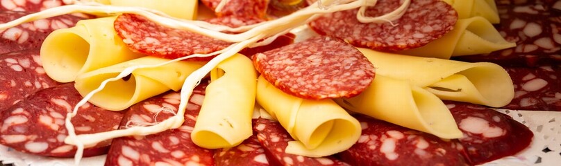 Display of assorted meats and cheeses arranged artistically on a platter