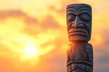 Solitary totem pole against a golden sunset