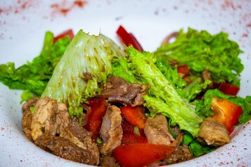 Fresh salad with grilled meat and colorful vegetables in a bowl