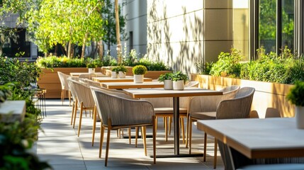 Modern minimalist outdoor dining area with clean, elegant design. Featuring neutral tones and sleek furnishings