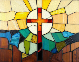 Fototapeta premium Cross . Colorful stained glass window. Multicolored interior design template. Oil painting