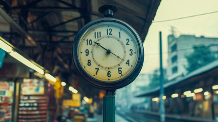 Vintage clock at train station platform captured at dusk