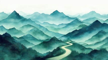 Serene mountain landscape with winding path. Soft green and blue watercolor style. Minimalist design. Peaceful viewpoint. Nature artwork. Perfect for decor. High-quality illustration.