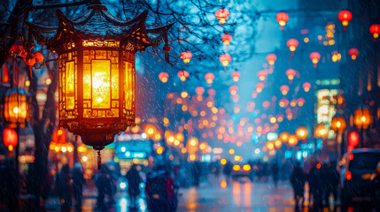 Naklejka premium Traditional lanterns illuminate rainy asian street at night