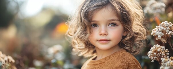 Fototapeta premium Portrait of a Young Child with Curly Hair in an Autumn Setting Surrounded by Natural Light and Flora, Capturing an Expression of Innocence and Wonder