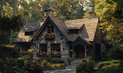 Charming stone cottage surrounded by lush greenery and vibrant flowers.