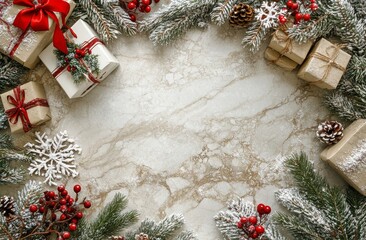 Festive arrangement of gifts and greenery on a marble surface during the holiday season