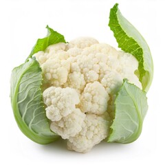 Cauliflower with large green leaves isolated on white background, ideal for healthy eating and vegetarian recipes