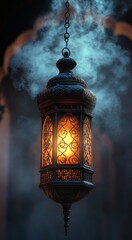 Golden lantern glowing in a mystical setting with swirling smoke and intricate patterns