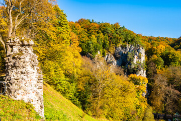 Limestone rocks in autumn fall landscape of Ojcow National Park, Poland