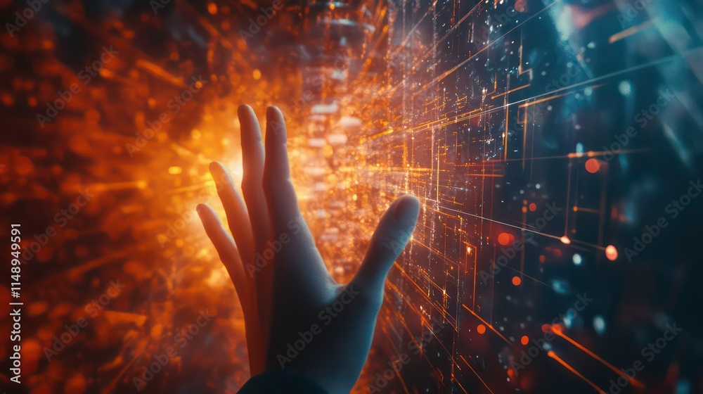 Poster hand reaching towards glowing digital interface.