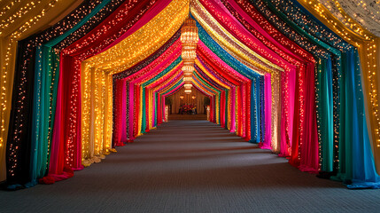 Vibrant multicolored wedding pathway decorated with colorful drapes and fairy lights
