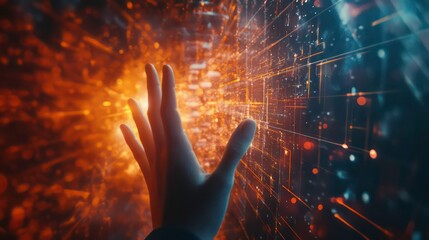 Hand reaching towards glowing digital interface.
