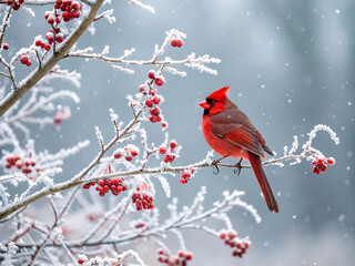 Red cardinal bird on a frosty tree branch with snow red berries in winter, Holiday and Christmas web banner with copy space
