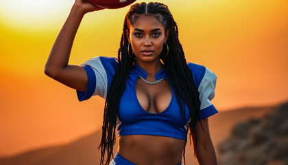 A confident female football player with long dreadlocks holding a football at sunset, wearing a blue and white uniform.
