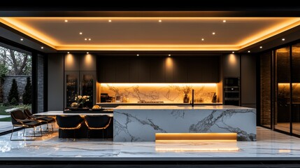 A sleek and modern kitchen with elegant marble countertops, ambient lighting, and stylish furniture creating a luxurious and inviting cooking space.