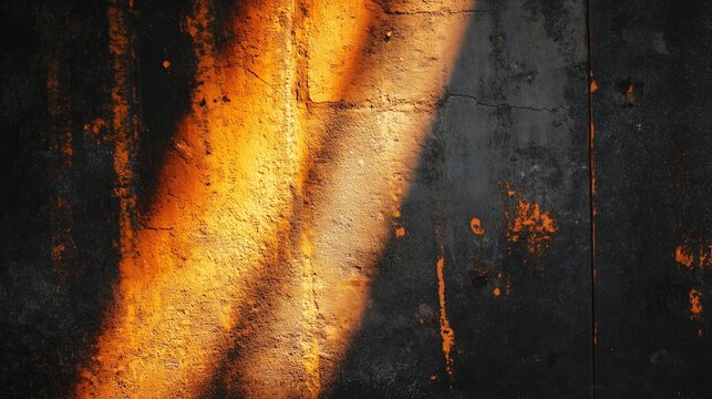 Textured surface of a dark background, on which a bright orange light falls. The luminous flow creates an interesting contrast with the dark areas, creating a dynamic atmosphere.