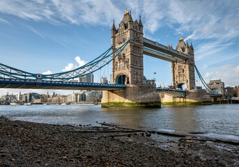 Tower bridge in London. The Tower Bridge is a suspension bridge with a total length of 244 metres....