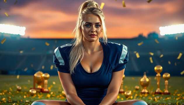 A blonde female football player in a blue uniform kneeling on the field, surrounded by golden trophies, under stadium lights.