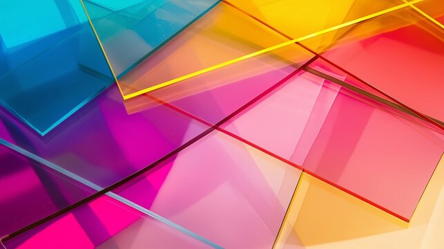 Clear sheets of acrylic or plexiglass arranged in different colors to create a bright and colorful effect.