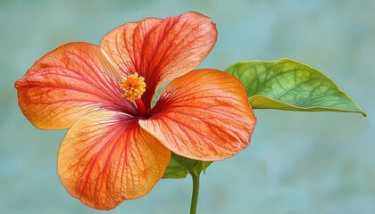 A Single Orange Hibiscus Flower With Green Leaf